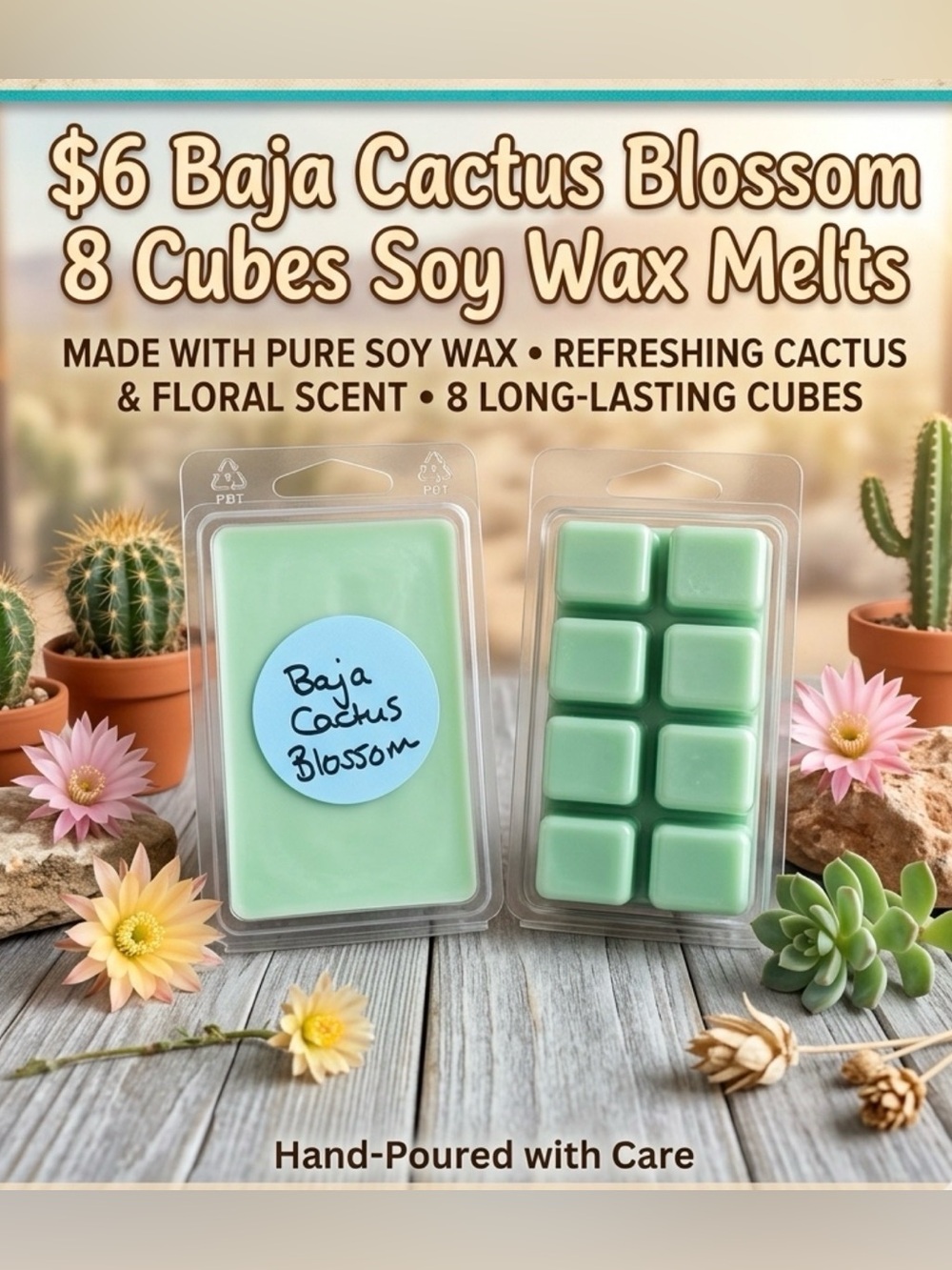 Baja Cactus Blossom Soy Wax Melts - Light Green - 8 Cubes